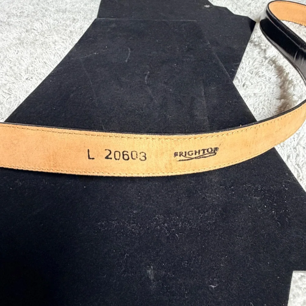 Brighton Vtg 1996 Black Leather Toggle Belt Western. Mixed Metal Ornate L 20603